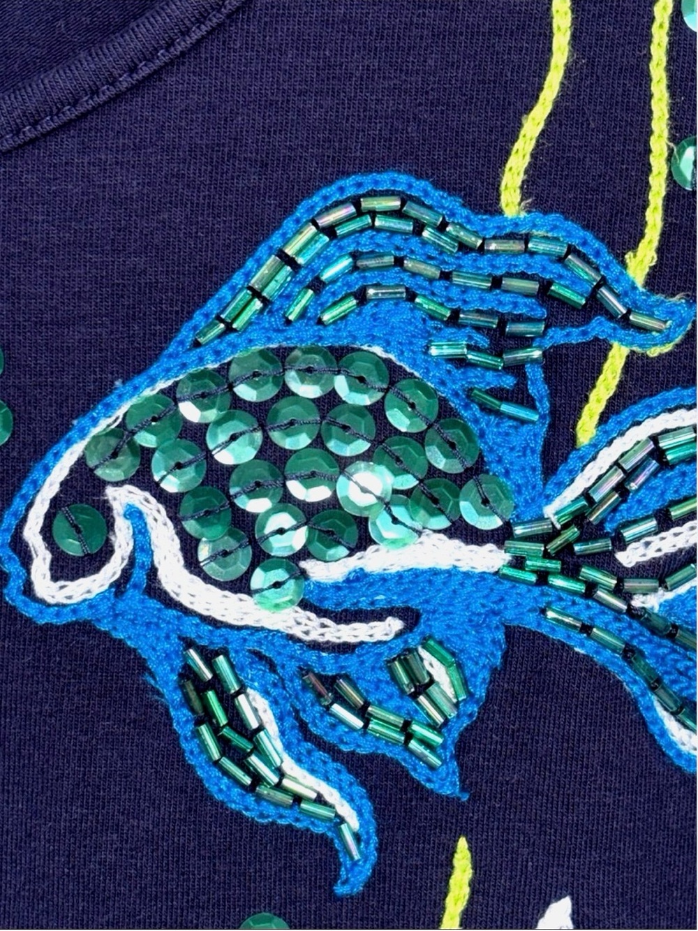 Chico’s Beaded Sequin Fish Top Blue Coastal Embroidered 3/4 Sleeve Size 2 US L - Picture 5 of 13